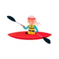 Vector illustration of a woman with gray hair floats on a red kayak in cartoon style. Young or old woman canoeing and paddle.ÃÂ 